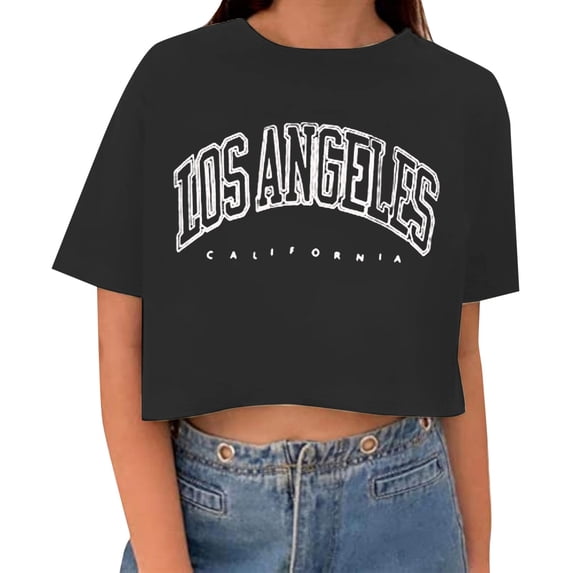 BOOMNY Women's Short Sleeve Crop Tops Letter Graphic Y2K Loose Summer Tees for Women