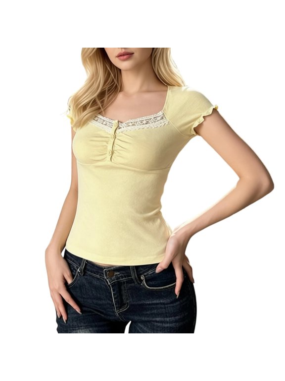 Women's Short Sleeve Slim Knit Tshirts Square Collar Solid Y2K Ribbed Tshirts Summer Tee Tops for Women