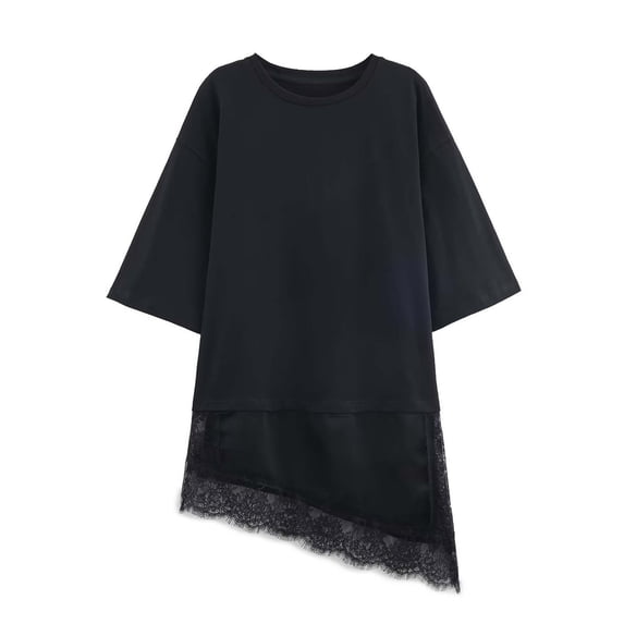 BOOMNY Women's Short Sleeve T-Shirts Crew Neck Patchwork Lace Tshirts Summer Tee Tops for Women