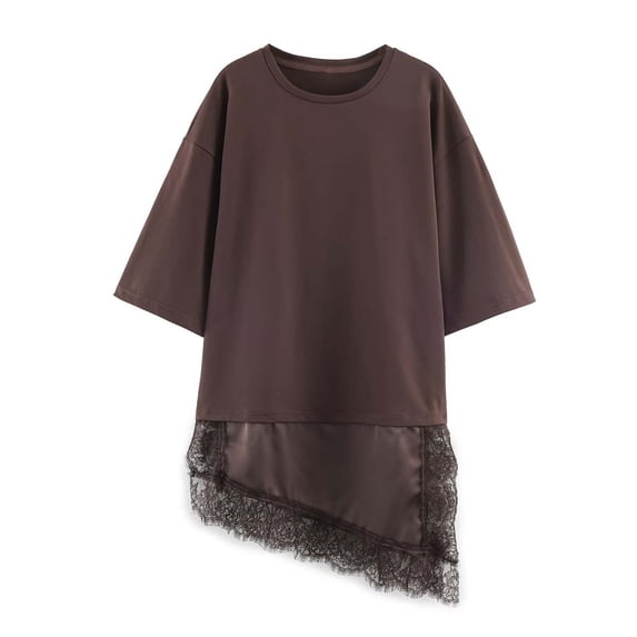 BOOMNY Women's Short Sleeve T-Shirts Crew Neck Patchwork Lace Tshirts Summer Tee Tops for Women
