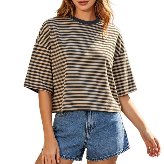BOOMNY Women's Short Sleeve Tshirts Crew Neck Striped T-Shirt Loose Fall Tee Tops for Women