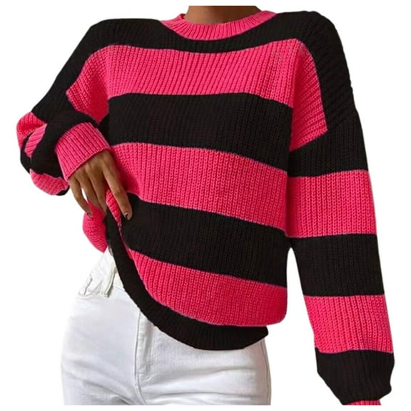 BOOMNY Women's Sweaters Long Sleeve Sweaters for Women Casual Striped Crewneck Knit Pullover Trendy Tops 2025 Fall Winter Knitwear