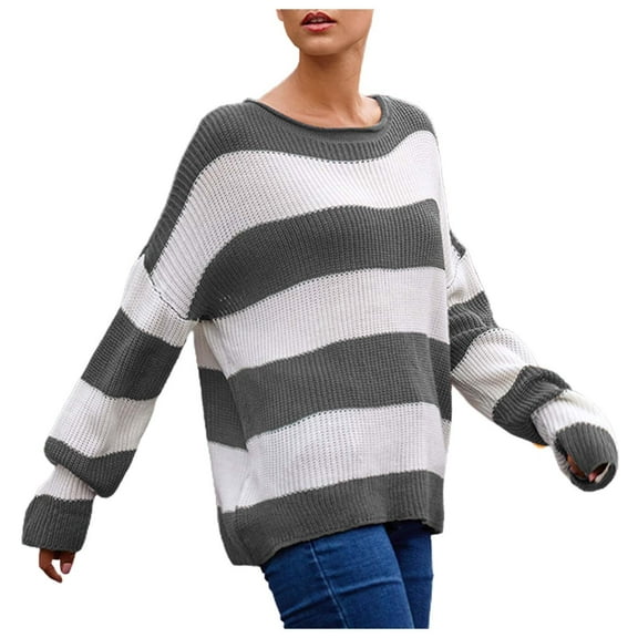 BOOMNY Women's Sweaters Long Sleeve Sweaters for Women Casual Striped Crewneck Knit Pullover Trendy Tops 2025 Fall Winter Knitwear