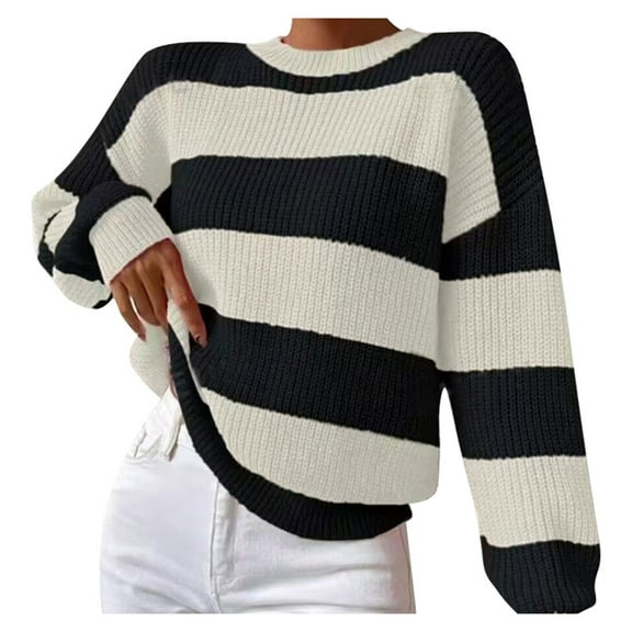 BOOMNY Women's Sweaters Long Sleeve Sweaters for Women Casual Striped Crewneck Knit Pullover Trendy Tops 2025 Fall Winter Knitwear