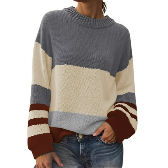 BOOMNY Women's Sweaters Long Sleeve Sweaters for Women Patchwork Color Crewneck Knit Pullover Trendy Tops 2025 Fall Winter Knitwear