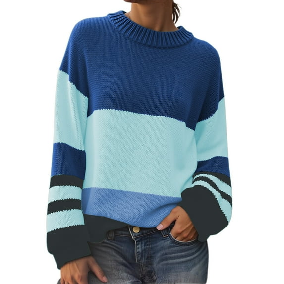 BOOMNY Women's Sweaters Long Sleeve Sweaters for Women Patchwork Color Crewneck Knit Pullover Trendy Tops 2025 Fall Winter Knitwear