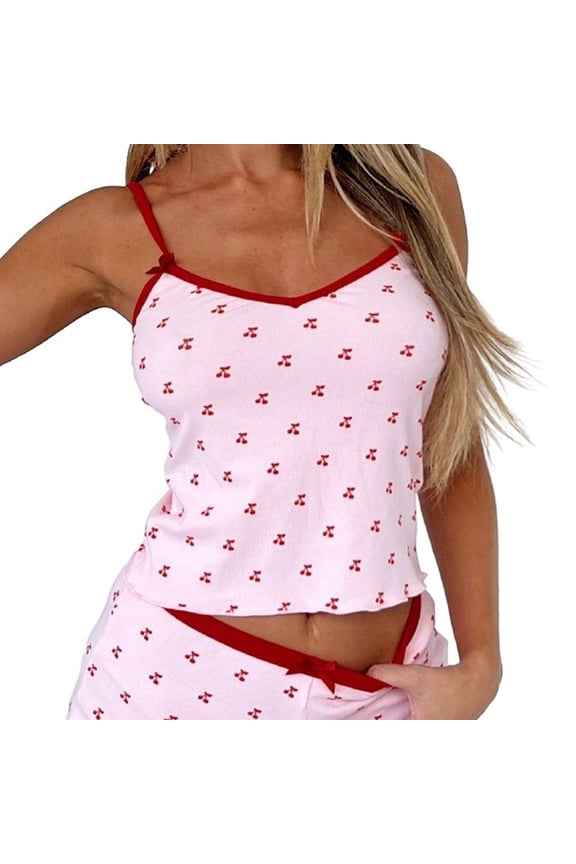 Womens 2 Peice Pajamas Set Cherry Graphic Spaghetti Straps Pjs Tops Shorts Sleepwear Outfits for Women Lightweight Homewear Loungewear