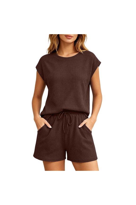 Womens 2 Peice Pajamas Set Solid Short Sleeve Waffle Pjs Tops Shorts Sleepwear Outfits for Women Lightweight Homewear Loungewear