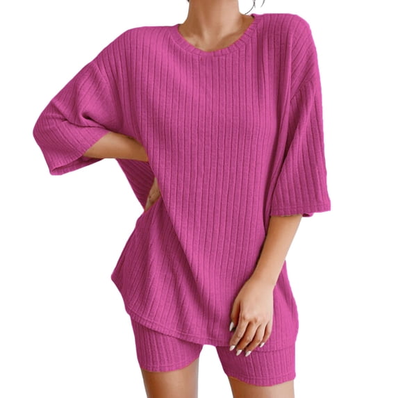 BOOMNY Womens 2 Peice Sets Solid Short Sleeve Ribbed Knit Tops Shorts Outfits for Women Summer Casual Matching Sets