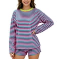 thumbnail image 1 of BOOMNY Womens 2 Peice Sets Striped Long Sleeve Tops Shorts Outfits for Women Summer Casual Matching Sets, 1 of 7