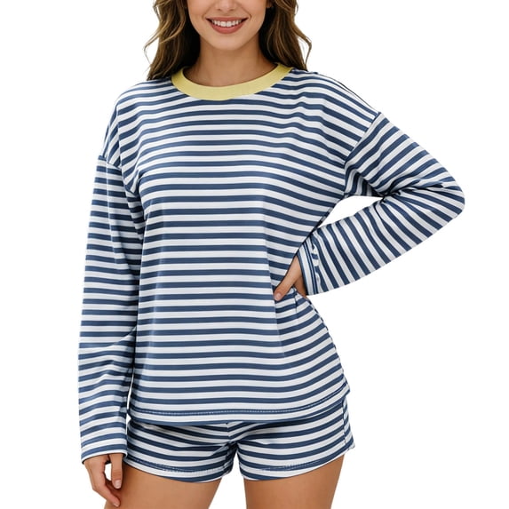 BOOMNY Womens 2 Peice Sets Striped Long Sleeve Tops Shorts Outfits for Women Summer Casual Matching Sets