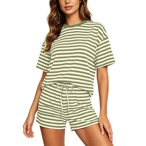 BOOMNY Womens 2 Peice Sets Striped Short Sleeve Tops Shorts Outfits for Women Summer Casual Matching Sets