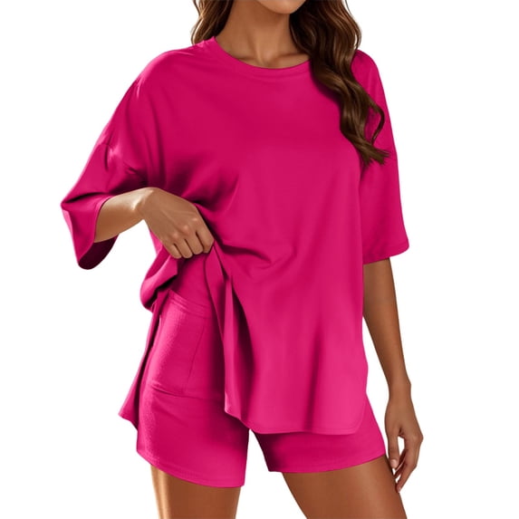 BOOMNY Womens 2 Peice Shorts Sets Solid Short Sleeve Tops Shorts Outfits for Women Summer Casual Matching Sets