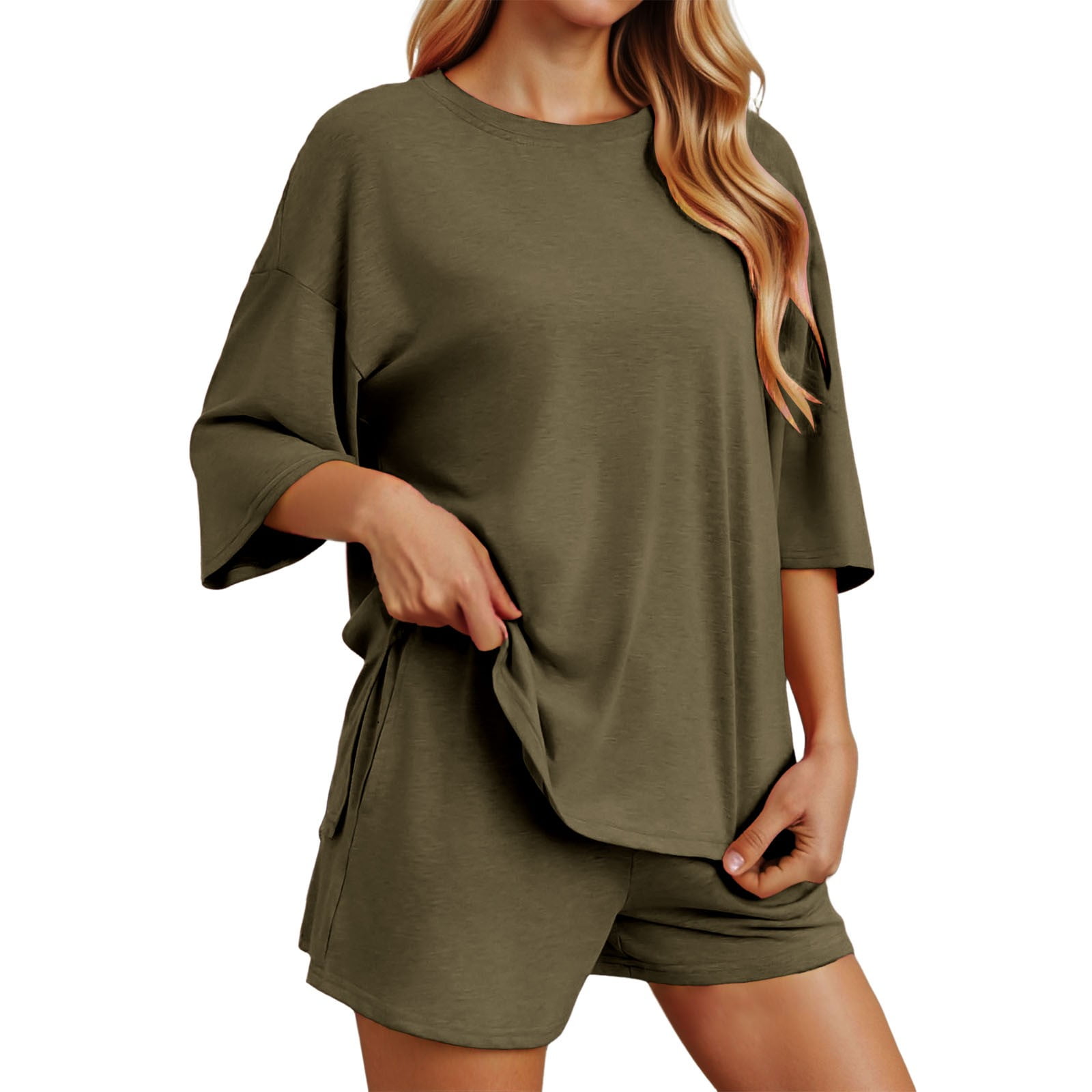 BOOMNY Womens 2 Peice Shorts Sets Solid Short Sleeve Tops Shorts