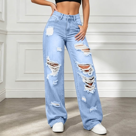 BOOMNY Womens Baggy Ripped Jeans Wide Leg Distressed Jeans for Women Trendy High Waist Cozy Streetwear Denim Pants with Pocket