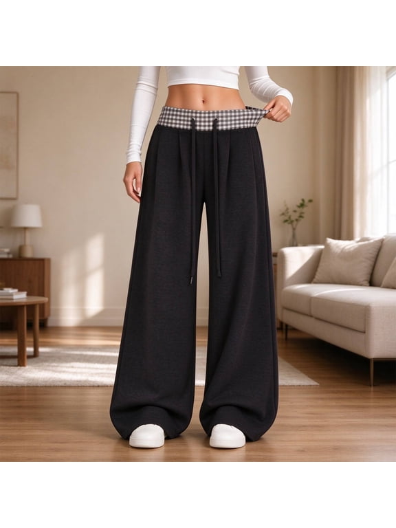 Womens Baggy Sweatpants Wide Leg Sweat Pants for Women Patchwork Plaid Elastic Waist Drawstring Soft Warm Fall Winter Jogger Trousers with Pocket