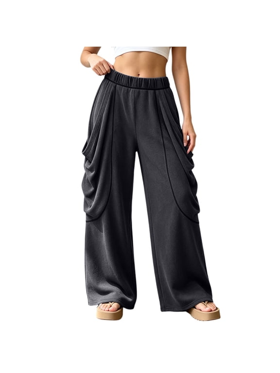 Womens Baggy Sweatpants Y2K Wide Leg Pants for Women Trendy Elastic Waist Drawstring Cozy Streetwear Jogger Trousers with Pocket