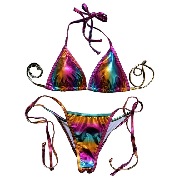 BOOMNY Womens Bikini Sets Shiny String 2 Peice Swimsuit For Women Metallic Spaghetti Straps Low Rise Cozy Soft Bathing Suits
