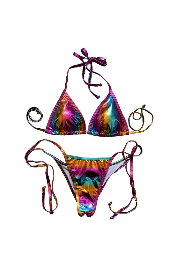 Womens Bikini Sets Shiny String 2 Peice Swimsuit For Women Metallic Spaghetti Straps Low Rise Cozy Soft Bathing Suits