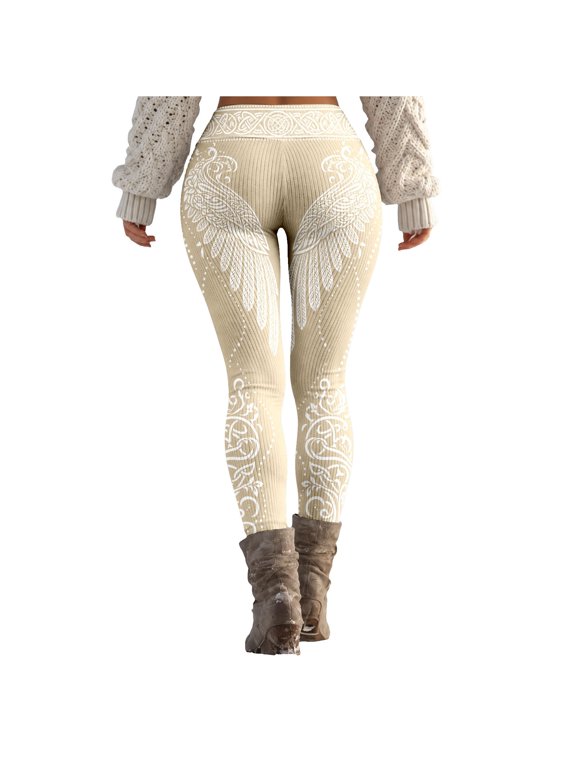 Womens Knit Leggings Y2K Ribbed Pants for Women Angle Wings Graphic Elastic Waist Cozy Fall Winter Workout Gym Bottoms