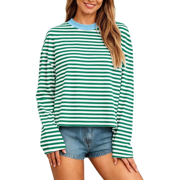 BOOMNY Womens Long Sleeve Tshirts Crew Neck Striped T-Shirt Loose Fall Tee Tops for Women