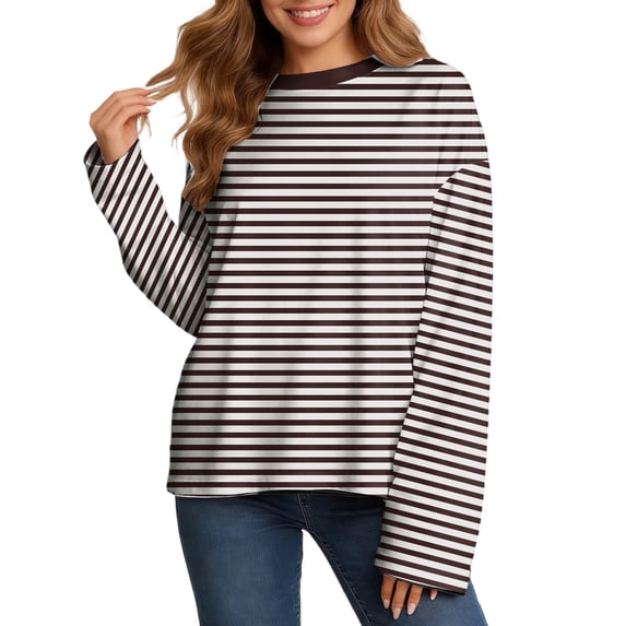BOOMNY Womens Long Sleeve Tshirts Crew Neck Striped T-Shirt Loose Fall Tee Tops for Women