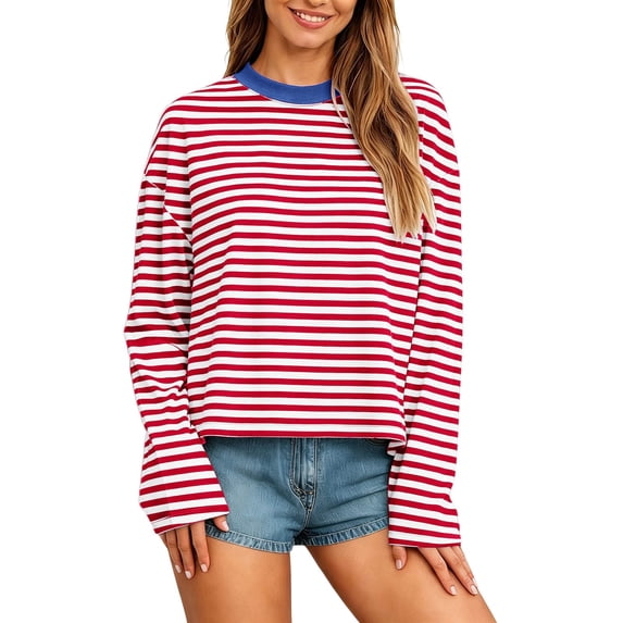 BOOMNY Womens Long Sleeve Tshirts Crew Neck Striped T-Shirt Loose Fall Tee Tops for Women