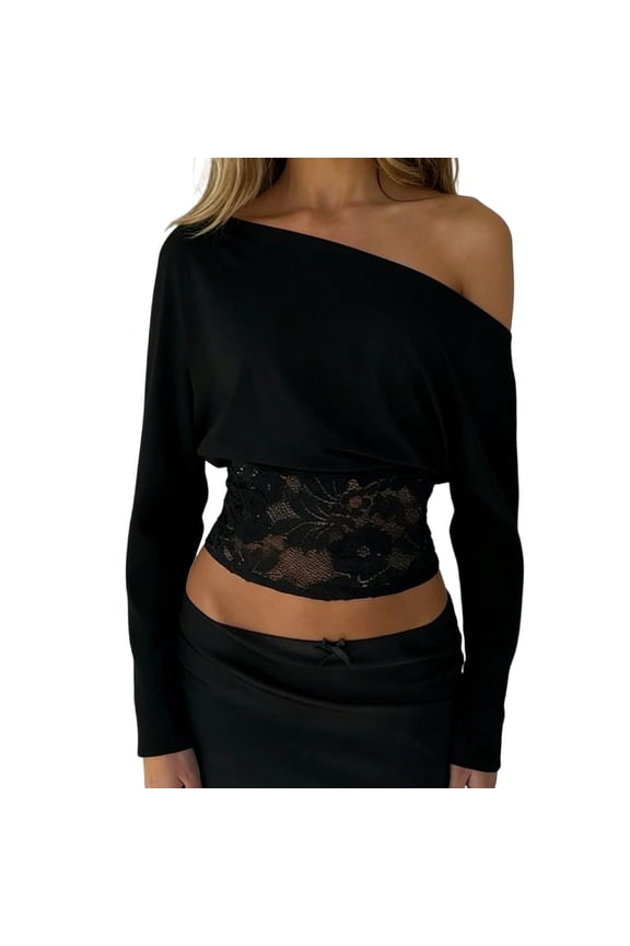 Womens Long Sleeve Tshirts One Shoulder Patchwork Lace T-Shirts Summer Tee Tops for Women