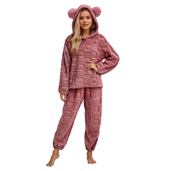 BOOMNY Womens Pajama Set 2 Peice Flannel Pajamas for Women Set Solid Color Jacquard Long Sleeve Thick Hooded Pjs Tops Pants Sleepwear Outfit Cozy Soft Homewear Loungewear