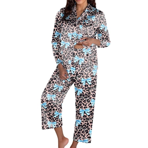 BOOMNY Womens Pajama Set 2 Peice Pajamas for Women Set Leopard Graphic Long Sleeve Plus Size Pjs Tops Pants Sleepwear Outfit Cozy Soft Homewear Loungewear