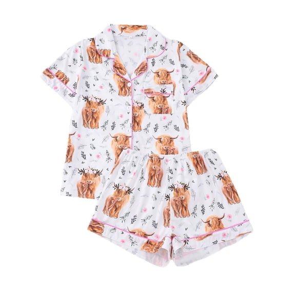 BOOMNY Womens Pajama Sets 2 Peice Pjs Set for Women Cow Graphic Short Sleeve Buttons Sleepwear Tops Shorts Homewear Loungewear Sets