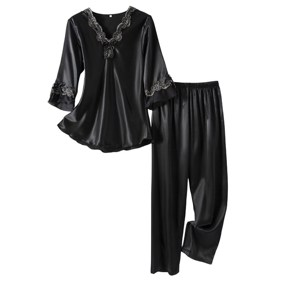 BOOMNY Womens Pajama Sets 2 Peice Pjs Set for Women Floral Embroidery 3/4 Sleeve Sleepwear Tops Pants Homewear Loungewear Sets