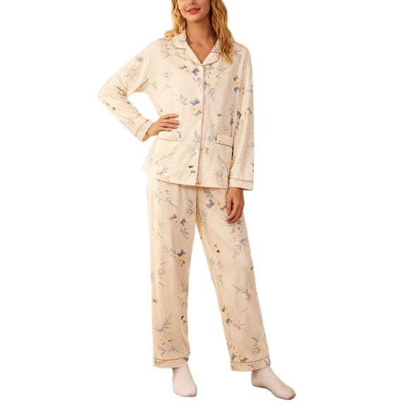 BOOMNY Womens Pajama Sets 2 Peice Pjs Set for Women Floral Graphic Long Sleeve Buttons Sleepwear Tops Pants Homewear Loungewear Sets