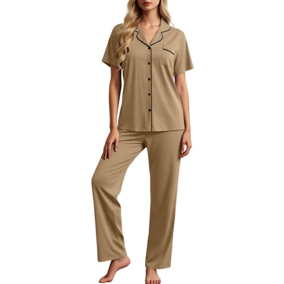 BOOMNY Womens Pajama Sets 2 Peice Pjs Set for Women Soft Short Sleeve Buttons Sleepwear Tops Pants Cozy Homewear Loungewear Sets