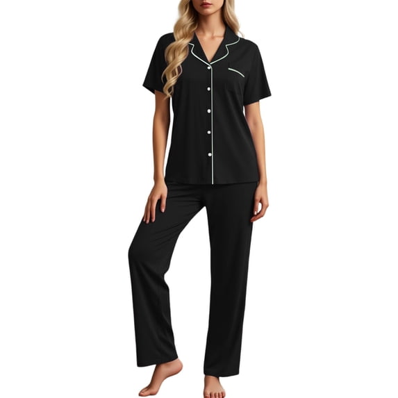 BOOMNY Womens Pajama Sets 2 Peice Pjs Set for Women Soft Short Sleeve Buttons Sleepwear Tops Pants Cozy Homewear Loungewear Sets