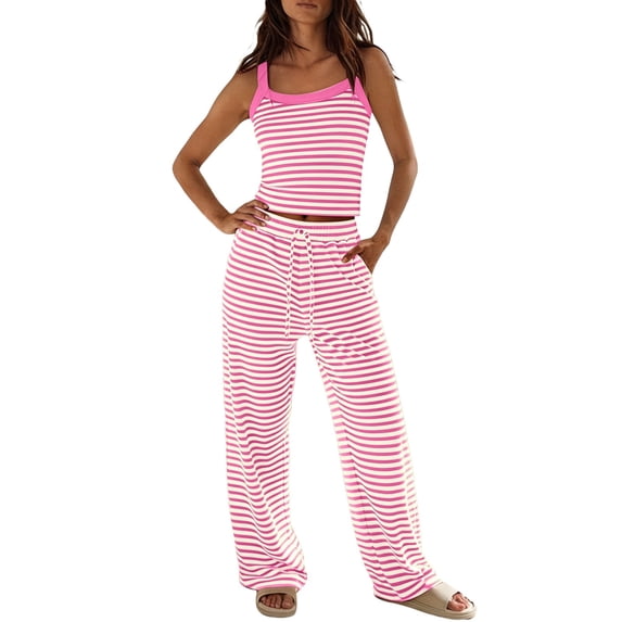 BOOMNY Womens Pajamas 2 Peice Set Striped Sleeveless Tops Pants Pjs Sets Cozy Fall Winter Loungewear Homewear