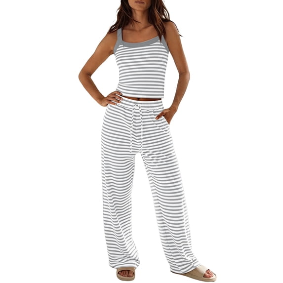 BOOMNY Womens Pajamas 2 Peice Set Striped Sleeveless Tops Pants Pjs Sets Cozy Fall Winter Loungewear Homewear