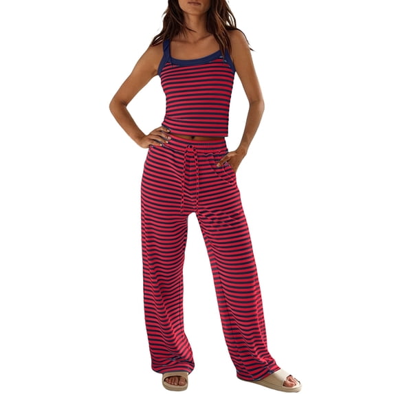 BOOMNY Womens Pajamas 2 Peice Set Striped Sleeveless Tops Pants Pjs Sets Cozy Fall Winter Loungewear Homewear