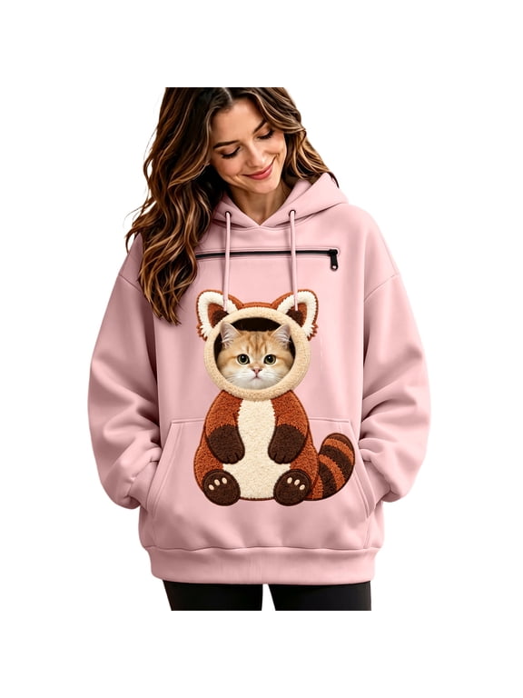 Womens Pet Pouch Hoodies Cute Animal Graphic Cat Dog Hoodies for Women Kangaroo Pocket Soft Winter Animal Holder