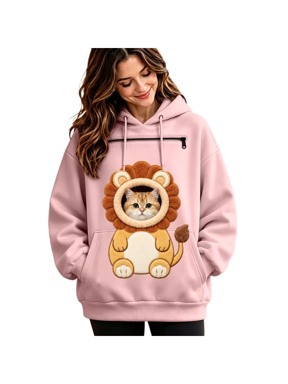 Womens Pet Pouch Hoodies Cute Lion Graphic Cat Dog Hoodies for Women Kangaroo Pocket Soft Winter Animal Holder