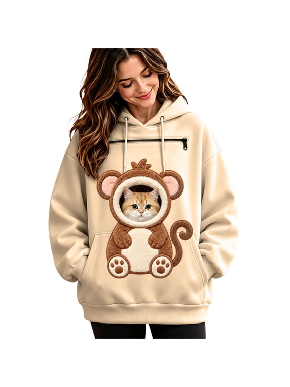Womens Pet Pouch Hoodies Cute Monkey Graphic Cat Dog Hoodies for Women Kangaroo Pocket Soft Winter Animal Holder