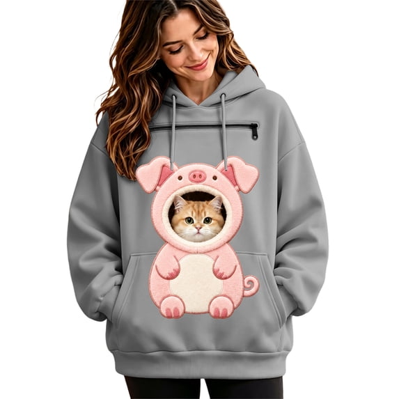BOOMNY Womens Pet Pouch Hoodies Cute Pig Graphic Cat Dog Hoodies for Women Kangaroo Pocket Soft Winter Animal Holder