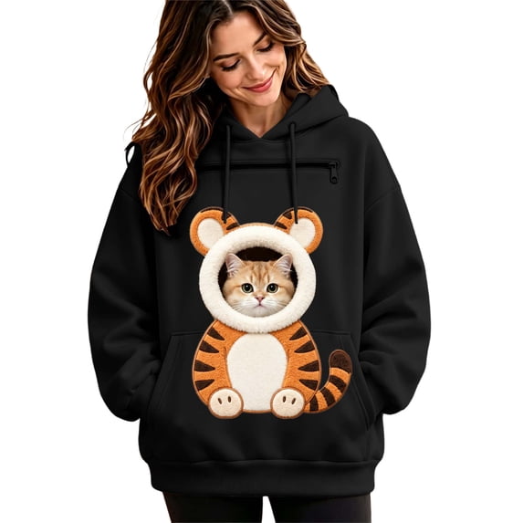 BOOMNY Womens Pet Pouch Hoodies Cute Tiger Graphic Cat Dog Hoodies for Women Kangaroo Pocket Soft Winter Animal Holder