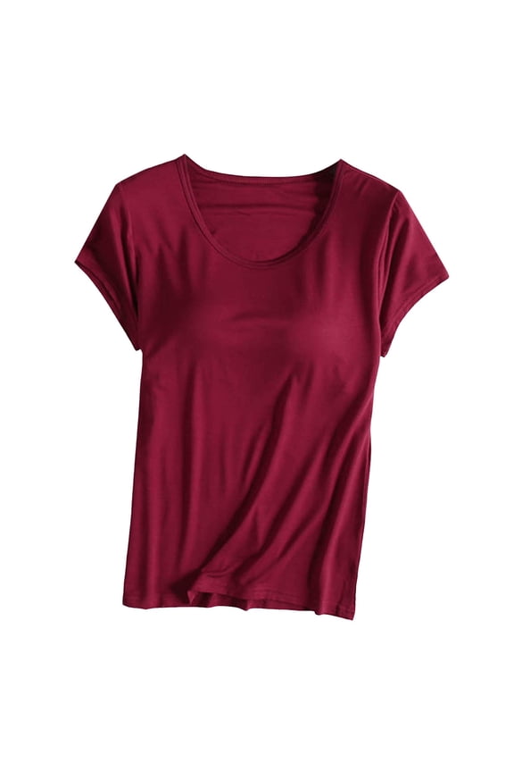 Womens Short Sleeve T Shirts With Built In Bra Solid Color Loose Summer Tops for Women