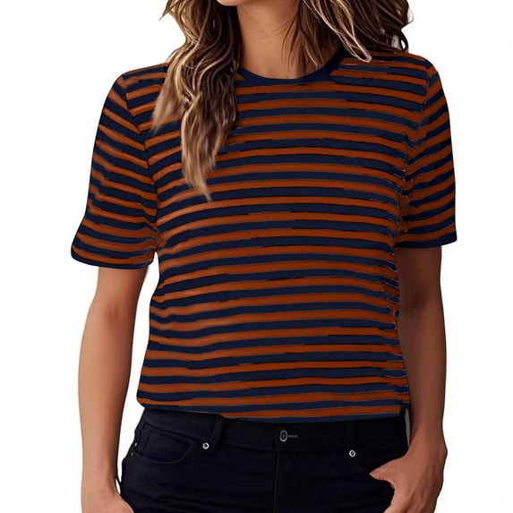 BOOMNY Womens Short Sleeve Tshirts Crew Neck Striped T-Shirt Cozy Summer Tee Tops for Women