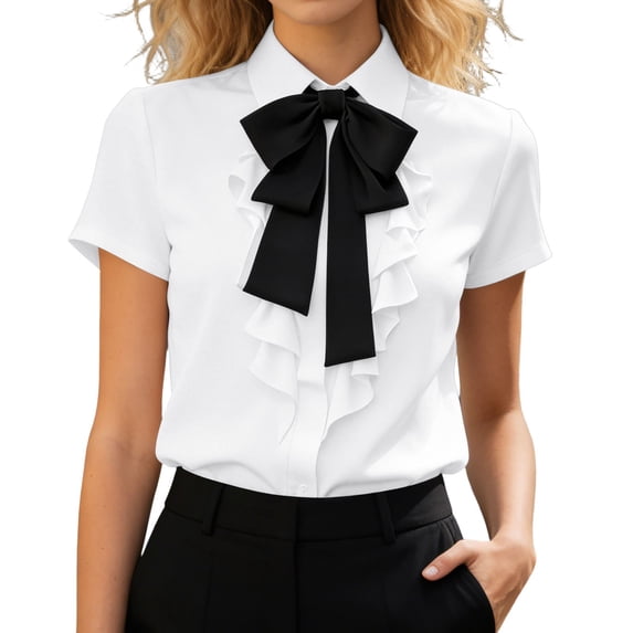 BOOMNY Womens Short Sleeve Tshirts Ruffled Lapel Solid Color T-Shirts Bowtie Summer Tee Tops for Women