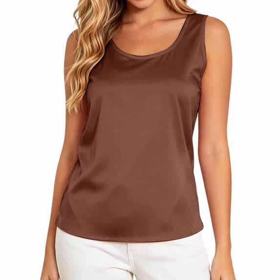 BOOMNY Womens Sleeveless Satin Tshirts Crew Neck Solid Color T-Shirts Summer Tank Tops for Women