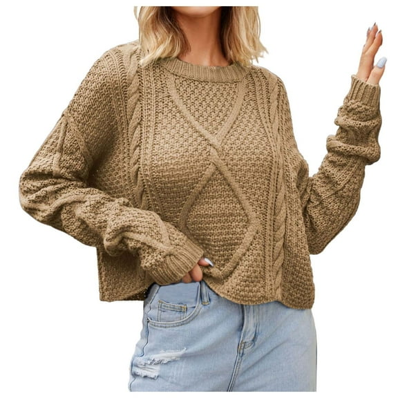 BOOMNY Womens Sweater Long Sleeve Sweaters for Women Oversized Solid Color Jacquard Crewneck Knit Pullover Trendy Tops 2025 Fall Winter Knitwear