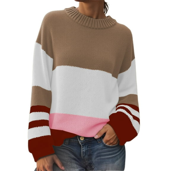 BOOMNY Womens Sweater Long Sleeve Sweaters for Women Patchwork Color Crewneck Knit Pullover Trendy Tops 2025 Fall Winter Knitwear