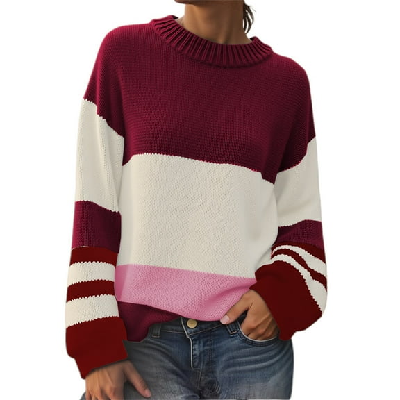 BOOMNY Womens Sweater Long Sleeve Sweaters for Women Patchwork Color Crewneck Knit Pullover Trendy Tops 2025 Fall Winter Knitwear